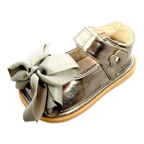 Mooshu Trainers Little Girls Pewter Bow Squeaky Mary Jane Shoes 5-9 Toddler - SophiasStyle.com